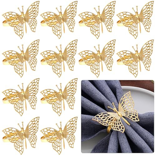 Lvjkes 12 Pezzi Porta tovaglioli da tavola anelli, Elegante farfalla cava portatovaglioli, Adatto per ricevimenti nuziali, feste di anniversario, compleanni, decorazioni per la tavola (Oro)