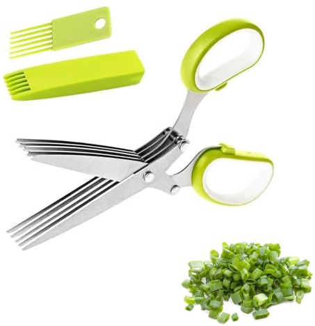Forbici a 5 lame, forbici a erbe, forbici da cucina in acciaio inossidabile 5 lame, forbici a più lame cucina con pettine di pulizia e copertura di sicurezza, forbici a erbe da cucina per erbe
