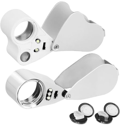 QWORK® Juego de 2 lupas para joyero - Lupa 40X con luz UV, Lupa 30X 60X con 2 Luces - para antigüedades, coleccionistas de Monedas, joyeros, relojeros