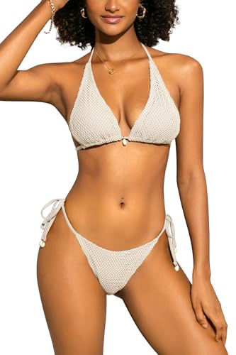 SHEKINI A Rete Halter Bikini Donna Sexy Triangolo Costume da Bagno Donna 2 Pezzi Bandeau Vita Bassa Bikini Set(XL, Albicocca Chiaro)