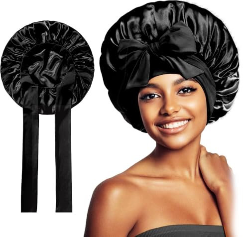 xianshi Bonnet Sleep Cap,Seidenhaube Zum Schlafen,Silk Bonnet,Haare Schlafhaube,Seide Haube Haar,Silk Rosa Seiden Bonet,Haarhaube HaarmüTze (DE/NL/SE/PL, Numerisch, 30, 32, Schwarz)
