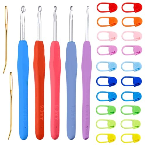 ZEPIQOR 5 Pcs Set di uncinetti,Dimensioni: 6,5 mm, 7 mm, 8 mm, 9 mm, 10 mm,Ganci Grandi e con Aghi e pennarelli per Punto,Con 20 pennarello e 2 spille di lana