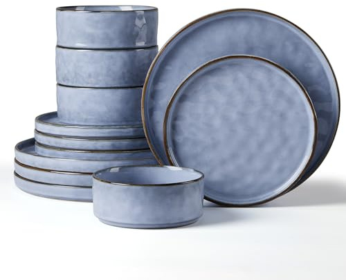 Herogo Set di stoviglie da 12 pezzi, in gres porcellanato, per 4 persone, piatti e ciotole in smalto reattivo, adatto al microonde e alla lavastoviglie, resistente a scheggiature e graffi, blu