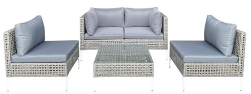 Lifezeal - Juego de Muebles de Jardín de Ratán con Mesa de Café de Vidrio Templado, Cojines de Asiento y Respaldos, Muebles de Jardín con Estructura de Metal para Terraza y Patio