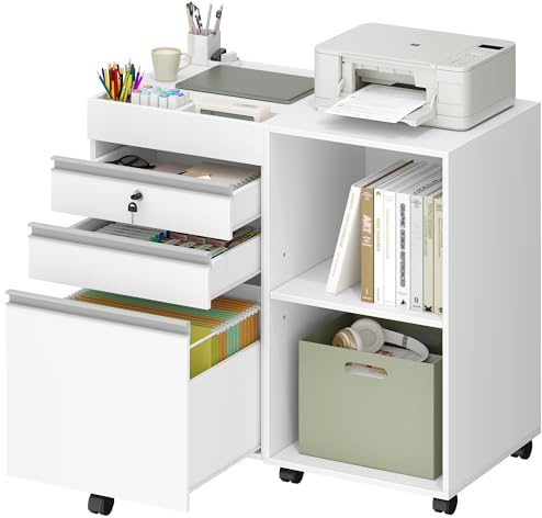 Hzuaneri Rollcontainer, mobiler Aktenschrank, Büroschrank mit 3 Schubladen, 2 offenen Fächern, Schubladenschrank mit verstellbarem Hängeregistratur, für DIN A4, Letter, Büro, Homeoffice, weiß FC42003X