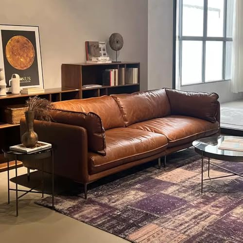 Medeltida fransk retro brun lädersoffa, rymlig och mjuk soffa med massiv träram, modern stor storlek, lämplig för vardagsrum/kontor/lägenhet.
