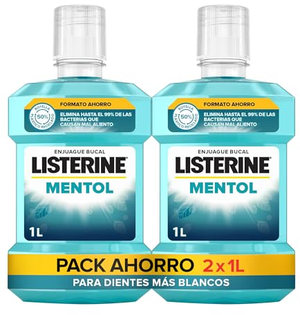 Listerine Mentol (pack de 2 x 1 L), enjuague bucal con flúor, colutorio bucal con 24 horas de protección, elixir bucal mentolado para un aliento fresco duradero