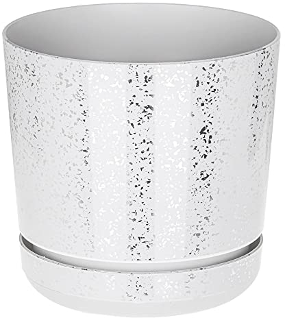 KORAD White with Silver Flecks Indoor Plant Pots with Drainage Holes and Matching Saucer, Round, Modern and Decorative Flowerpot for All Houseplants, 6 Sizes, 25 Colours (18 cm - 7 inch)