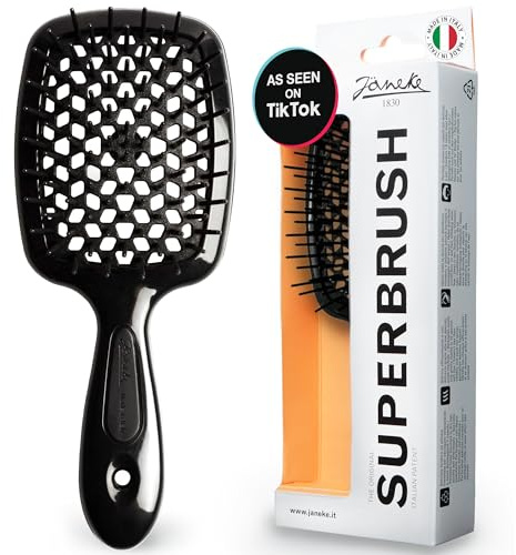 Janeke Superbrush Detangling Brush for Soft Smoothing Hair Brushing with Anti-Static Bristles - Vented Wet Hair Brush for Blow Drying Use - Perfect for Curly, Thick, Wavy, Fine Hair Types (Black)