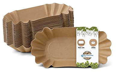 BIOZOYG Pappschalen oval 19,5 x 11 x 3,2 cm I Imbissteller braun aus Recyclingkarton für Pommes Currywurst etc. I recycelbar - umweltfreundlich I Pommesschalen Multipack 250 Stück