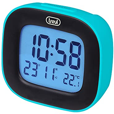 Trevi SLD 3875 Sveglia Digitale con Display LCD Retroilluminato, Orologio 12/24h, Termometro, Calendario e Funzione Snooze, Facile Utilizzo, Alimentazione a Batterie AAA, Turchese