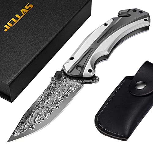 Jellas Damast Klappmesser, Taschenmesser mit Olivenholzgriff, 3-in-1 Outdoor Messer mit Glasbrecher und Gurtschneider für Camping, Jagd, Angeln, Wandern, mit Holzgriff & Lederscheide & Geschenkbox