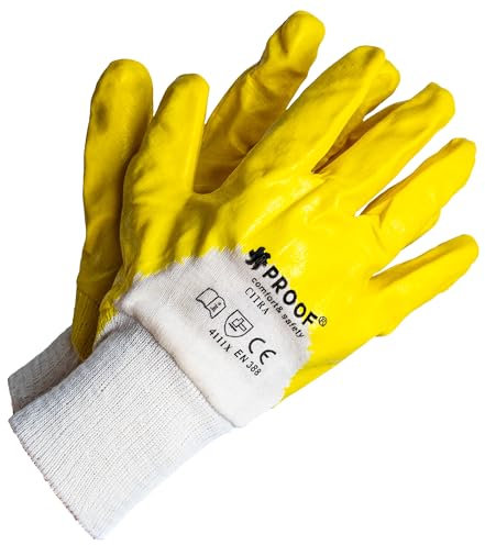 PROOF COMFORT & SAFETY Arbeitshandschuhe Handschuhe 12 Paar Schutzhandschuhe Nitrilbeschichtung Baumwolle Größe 9 Citra Grau Gelb