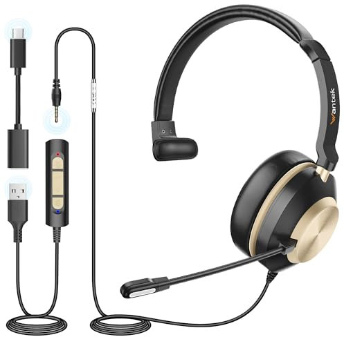 Wantek USB Headset with Microphone, Type-c/USB/3.5mm Jack 3-in-1 Computer Headsets, Mono Headsets with Noise Cancelling and Volume Control for Call Centers, Skype, Zoom, Office,Business
