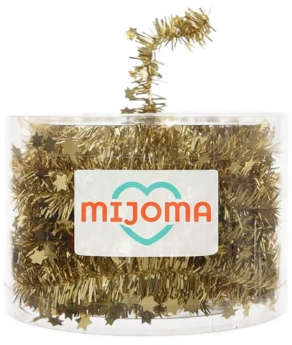 MIJOMA Lametta trådgirlang, gnistrande stjärnor – 7 m julgirlang för julgran, adventskrans, festlig dekoration – snygg och mångsidig för fester, bröllop, speciella tillfällen (ljusguld)