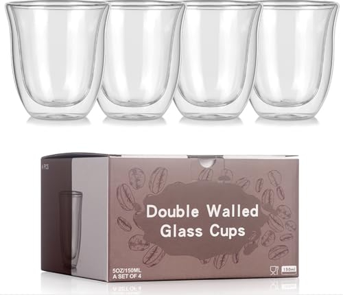 LENAOBEN Vasos térmicos de doble pared para espresso, perfectos para expreso, café expreso o ristretto, apto para lavavajillas, de cristal, capacidad 150 ml (4 unidades)