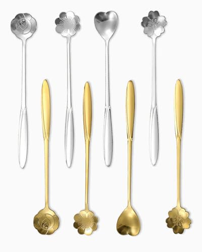 SCJJZ Cucchiaini da caffè，Cucchiaio da miscelazione da 8 Pezzi, cucchiaino da caffè in Acciaio Inossidabile, Cucchiaio da Zucchero Creativo per stoviglie, Cucchiaio da Gelato (4 Argento, 4 Oro)