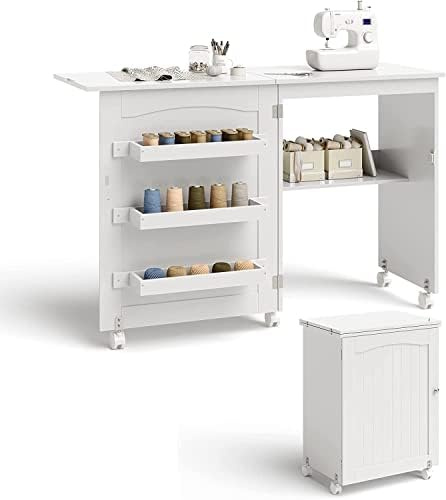 FANTASK 2 en 1 Meuble à Coudre Pliable et Bureau, Table à Coudre en Bois avec 3 étagères pour bobines et Roues verrouillables, Blanc
