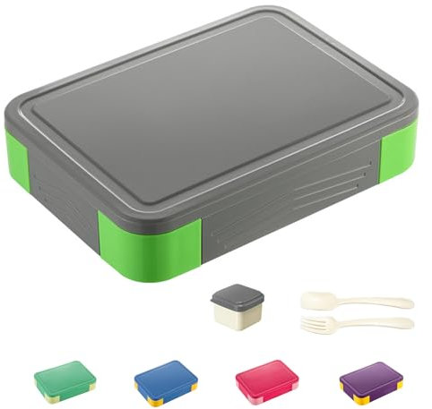 SiHuiTu Bento Box 1330ml with 6 Compartments and Cutlery Set - Leak Proof Lunch Container for Adults, Kids, School, Kindergarten, Office (Grey Green)