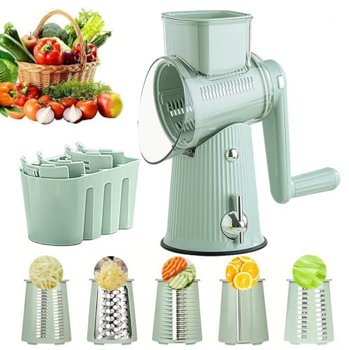 Justup Käsereibe mit Kurbel, 5 in 1 Rotierender Käsereibe mit 5 Gruppe Edelstahl Klingen und Klingenlagerbox, Gemüseschneider Ideal für Käse, Gurken, Karotten, Nüsse usw. (Grün)