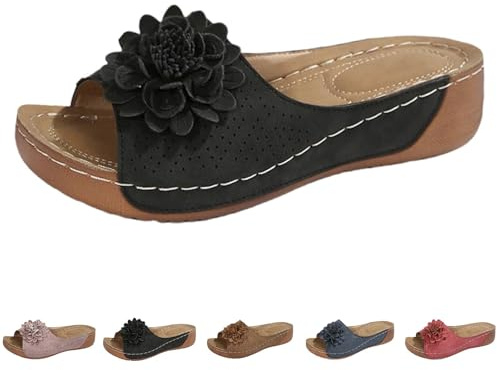 Chaussons pour femmes avec support pour voûte plantaire - Pantoufles orthopédiques confortables pour femmes - Sandales d’été en PU - Sandales vintage à bout ouvert - Sandales à talon compensé pour