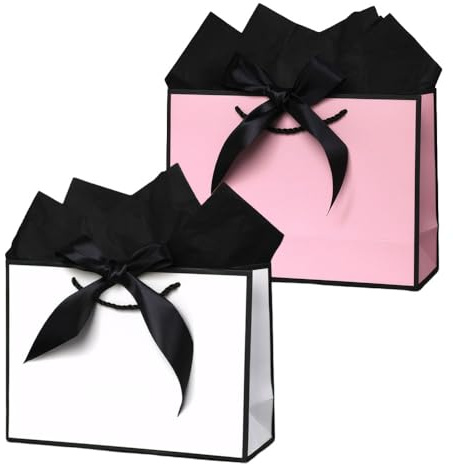 Aieino 2-Pack Gift Bags with Handles, A4 Size Present Bag with 4 Black Tissue Wrappers 2 Ribbon Bows Luxury Paper for Birthday, Wedding, Party Gifts Wrapping, Shopping(White, Pink)