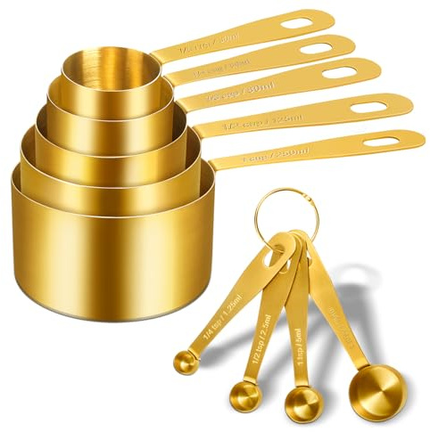 Cuteefun Tazas y Cucharas Medidoras Doradas, 9 Piezas, Mango de Acero Inoxidable con Medidas Métricas y US, Tazas Medidoras de Cocina para Ingredientes Líquidos y Secos