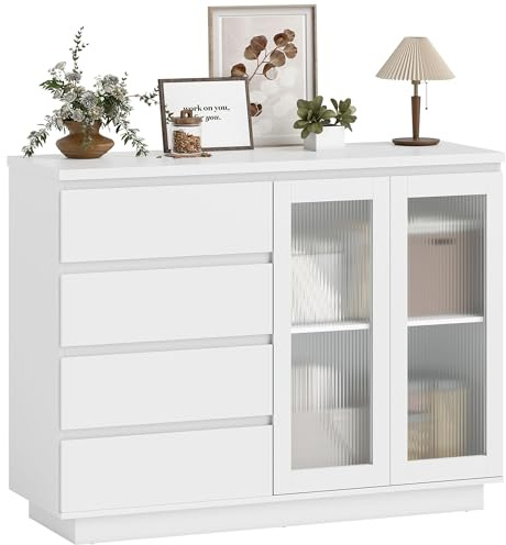 HOMCOM Credenza Cucina, Mobile Cucina con Armadietto a 2 Ante Soft Close in Vetro Temperato, Credenza Buffet con 4 Cassetti e Ripiani Regolabili, per Soggiorno, Sala da Pranzo, 120x40x91 cm, Bianco