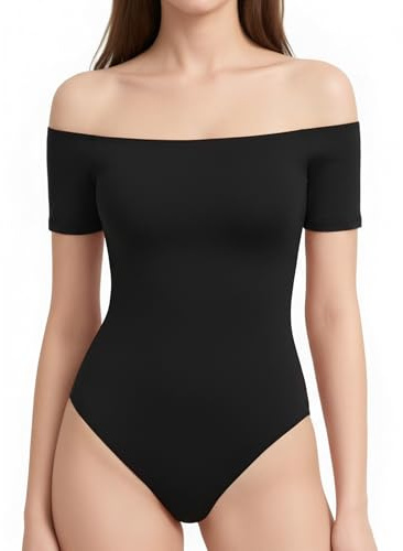 ALGALAROUND Bodysuit Tops for Women UK Off The Shoulder Summer Black S
