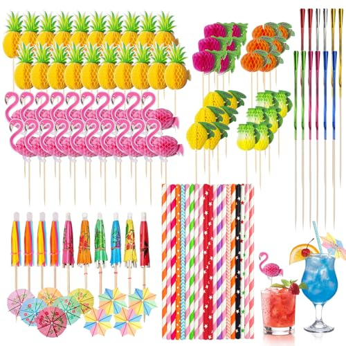 Quelcc 130 Pezzi Decorazioni per Cocktail, Ombrellini e Cannucce Hawaiane con Stuzzicadenti Fenicottero Ananas Fuochi d‘Artificio, per Feste Matrimonio Compleanno Bar Spiaggia