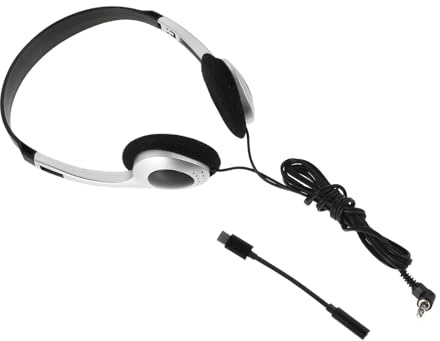 ABOOFAN Casque Audio Rétro Filaire Argenté Vintage, Léger Adaptateur 3,5 Mm vers USB-c, Compatible Ordinateur, Smartphone et Tablette, pour Usage Scolaire et Multimédia