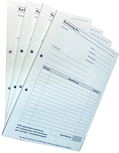 4x Rechnungsblock Block Rechnung Kleinunternehmer nach § 19 DIN A5, 2-fach selbstdurchschreibend 2x50 Blatt - gelocht (22435)