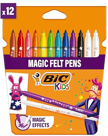 BIC barn magisk filtspetspennor, raderbart bläck med två radergummi, tvättbara färgpennor, tillbaka till skolmaterial, 12-pack