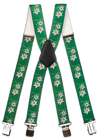 Olata Bretelle da Uomo da Lavoro a Forma di X, Motivo con Stella Alpina, 4 cm. Verde