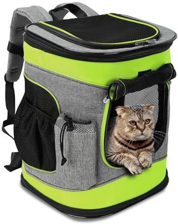 Kato Tirrinia Cat Carrier Backpack, Foldable Pet Carrier Backpack for Small Dogs,Puppy Rucksack Carrier Ventilated Design For Travel Camping Hiking Outdoor Green and Grey