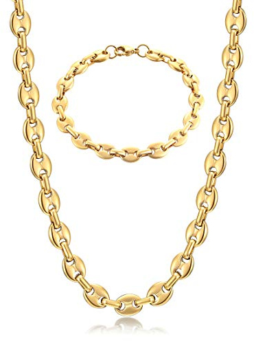AFSTALR Collier Chaine Or Bracelet Grain de Café Homme Acier Inoxydable Gourmette Massif Collier Biker Punk Or 61-9mm