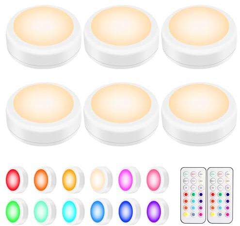 BLS LED Puck Lights with Remote Control, Wireless Under Cabinet & Closet Lighting, RGB 13 Color Changing Lights with Dimmer, Timer & AA Battery Operated, Push, Touch, Stick on for Night, White, 6 Pack