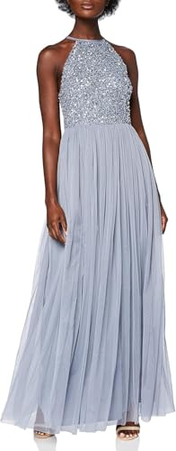 Maya Deluxe Damen Dusty Blue Embellished Halter Neck Maxi Dress Brautjungfernkleid, 52 EU