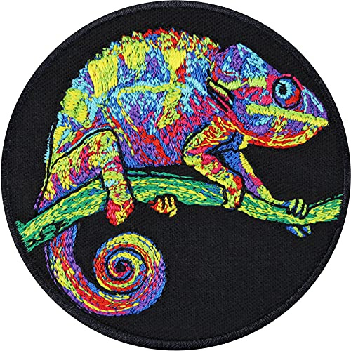 Toppa ricamata ferro o cucitura: Camaleonte psichedelico | Leguano | Geco | Patch tatuaggio maori | Adesivo per tessuti | Decorazione tessile | Applicazione da cucire o stirare | 70x70mm