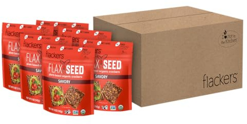 Flackers Organic Savory Flaxseed Crackers, Gluten Free, Non GMO, Vegan, Keto Snack, 8g Fiber, 3g Net Carbs, 5 Ounce 6-Pack