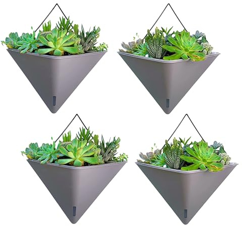 LaLaGreen - Macetas de pared para plantas de interior, paquete de 4, 12 pulgadas, grandes, con autorriego, gris, geométrico, con colgador de metal, decoración moderna y elegante para suculentas