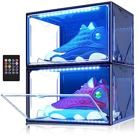 Oltraman LED Schuhboxen Stapelbar, 2er Set, Schuh-Organizer aus Kunststoff, Schuhaufbewahrung Platzsparend, Musik Sound-aktiviert und Fernbedienung, Transparent-schwarz