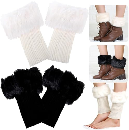 Benaton 2 stycken manschetter, benvärmare, höga fotlösa knästrumpor, benvärmare, stickade benvärmare, varma dambenvärmare, varma vinterstövletter, korta ankelvärmare (vit, svart), Vit, svart, M