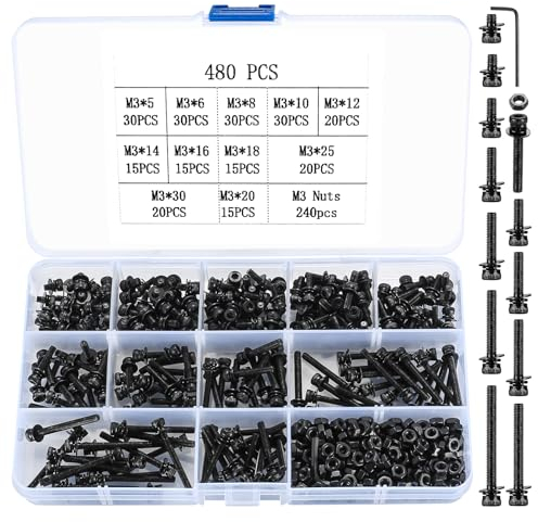 480 Piezas M3 Tornillos y Tuercas y Arandelas Set, Tornillos de Cabeza Hexagonal, Tornillos de Cabeza Hueca Hexagonal, Kit de Sujetadores Tornillos de Cabeza Cilíndrica de Máquina, Negro
