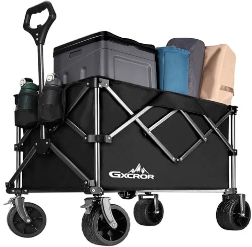 GXCROR Collapsible Trolley Cart 200L Folding Wagon 330 lbs Capacity Heavy Duty with Big Wheels for Camping Beach Garden