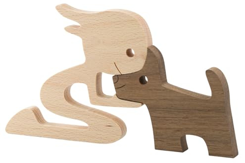 Enkrio Figuras de madera para perro, estatua de perro, esculturas hechas a mano, acentos artesanales para decoración del hogar (mujer y perro)