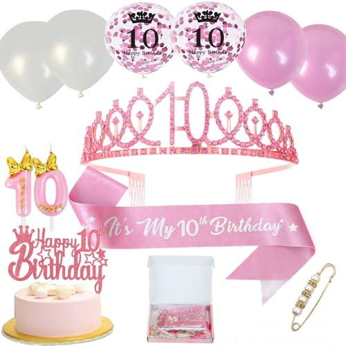 Neodtx 10. Födelsedag, flicka, 10 år, rosa, födelsedagsdekoration, skärp, barnkronor, 11 st, presentset för 10 födelsedagskronor, födelsedagsskärp och krona tårtdekoration, ballonger, ljus, 10 år för