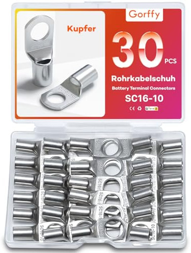 Gorffy Battery Terminal Connectors 30PCS, SC16-10 Cable Lugs, 16mm² Tinned Copper Ring Terminals, Battery Cable Connectors 12V, M10 Car Battery Terminals