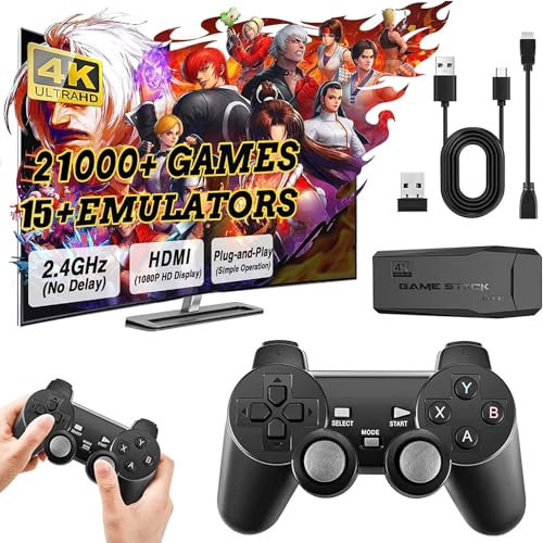 Retro Konsole Spielkonsole Game Stick, Retrolink 21500+ Spielen mit 2 Gamepads Plug & Play Game Stick für TV HDMI, Geschenk für Jungen & Erwachsene Spiele (Familien-Edition)