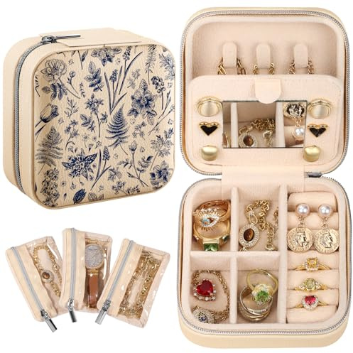 Bistup Travel Jewelry Case - Small Jewelry Organizers and Storage Box for Women Girls Teens Cute Traveling Jewelry Holder with Mirror Little Tiny Compact Modern Unique Aesthetic Pretty, Blue Floral